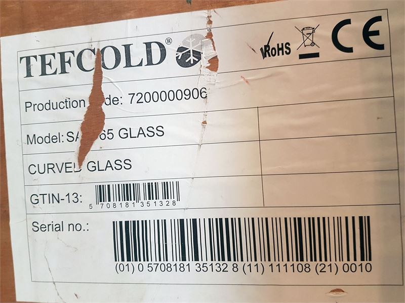 Kasse med ubrugt, buet glas mærket Tefcold Set Curved Glass For SA1365GC